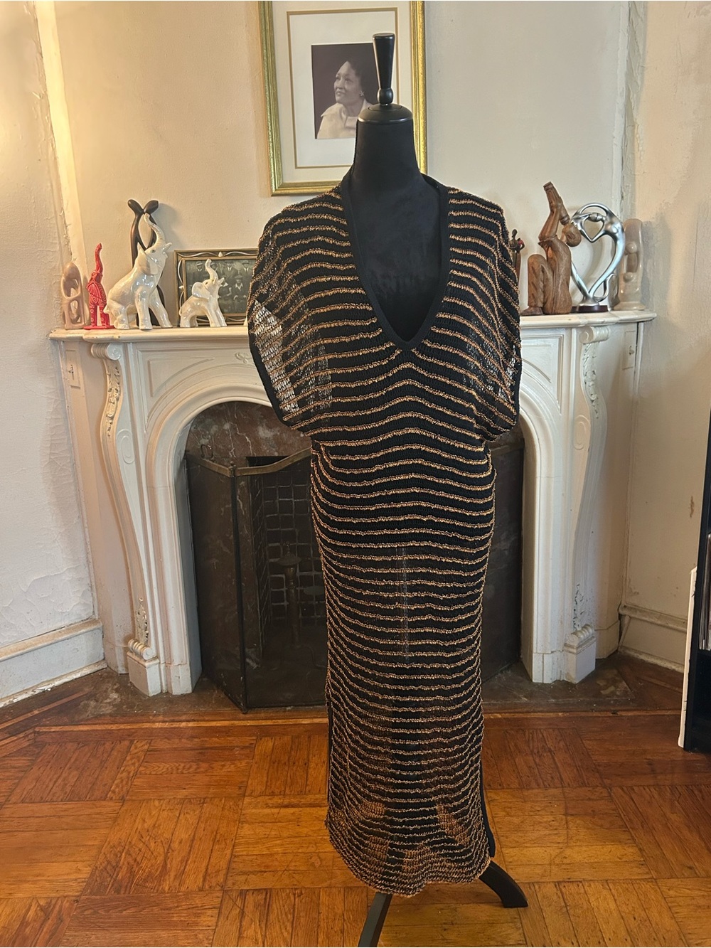 Zara Black Maxi Dress with Gold Metallic Stripes